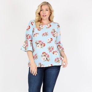 PLUS SIZE FLORAL RUFFLED SLEEVE TOP